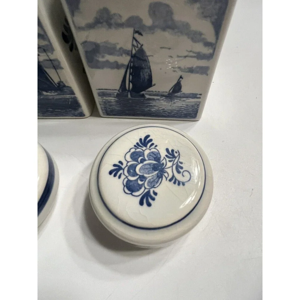 Pair of Delft Blue White Lidded Jars Spice Vanity Windmill Sailboat